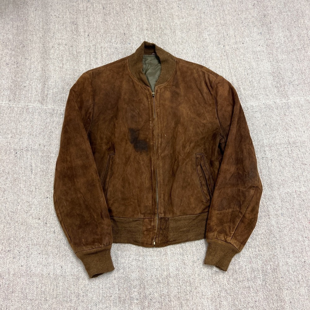 Vintage Suede Bomber Jacket Mens Medium Brown 1950s Zip Up USA